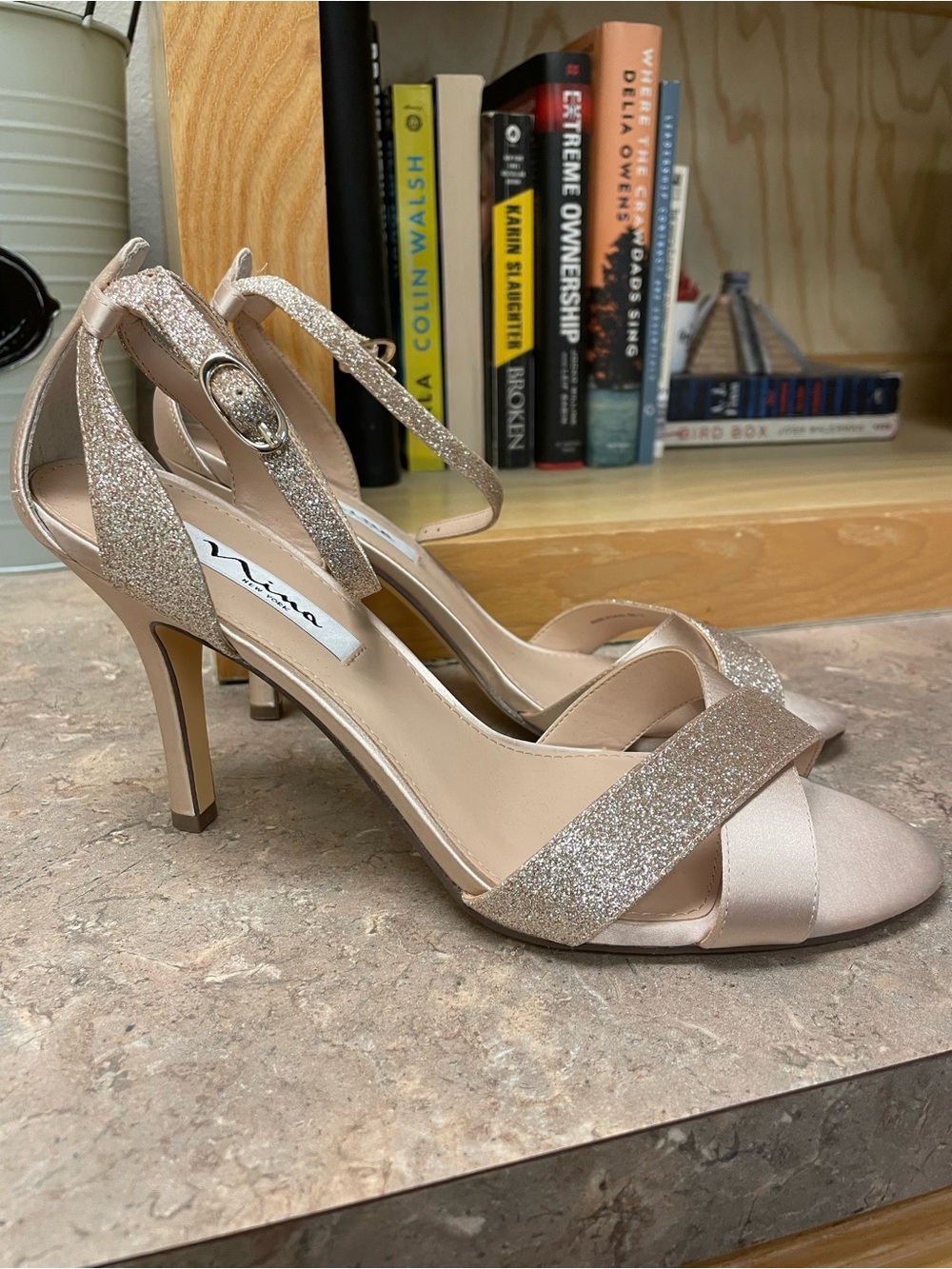 Nina New York Venus Crisscross Pearl Rose Glitter Ankle-Strap Heels size 10 - Picture 8 of 8